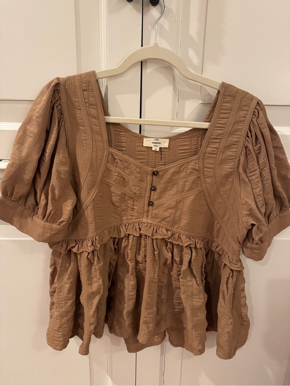 entro Brown Textured Puff-Sleeve Peplum Tunic